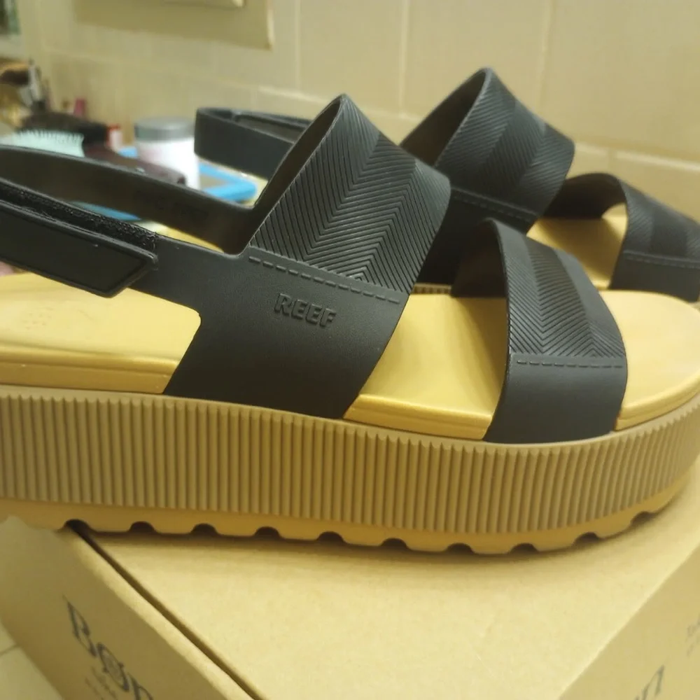 Reef Women's Black Strap Platform Sandal with Tan Footbed